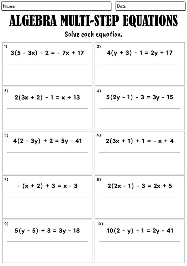Algebra multi-step equations worksheet with ten problems