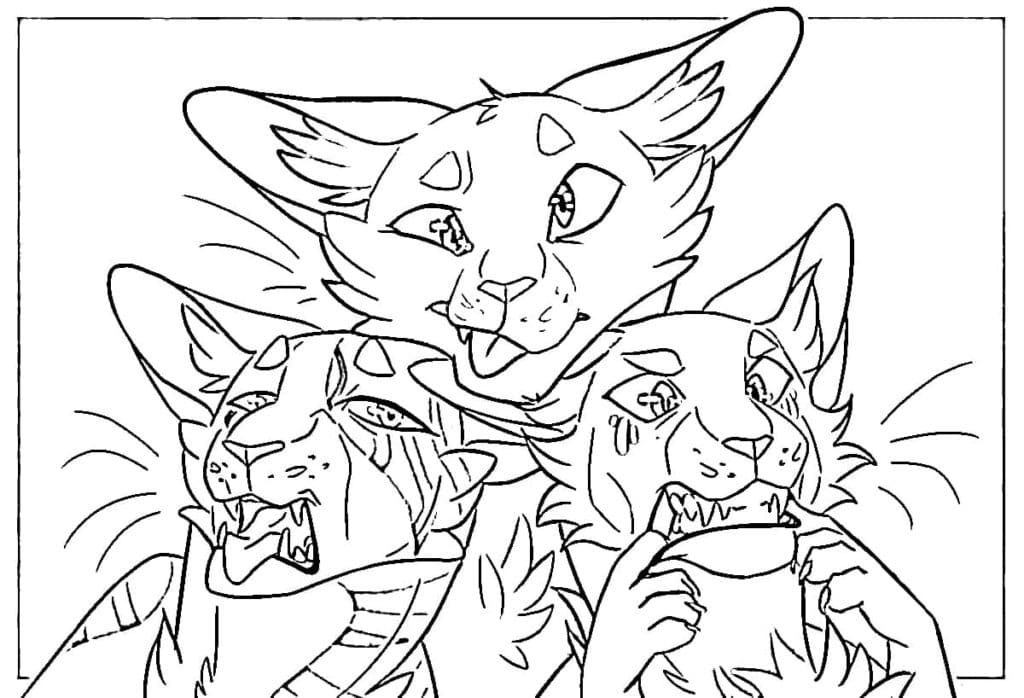 Three cartoon cats with exaggerated expressions, line drawing