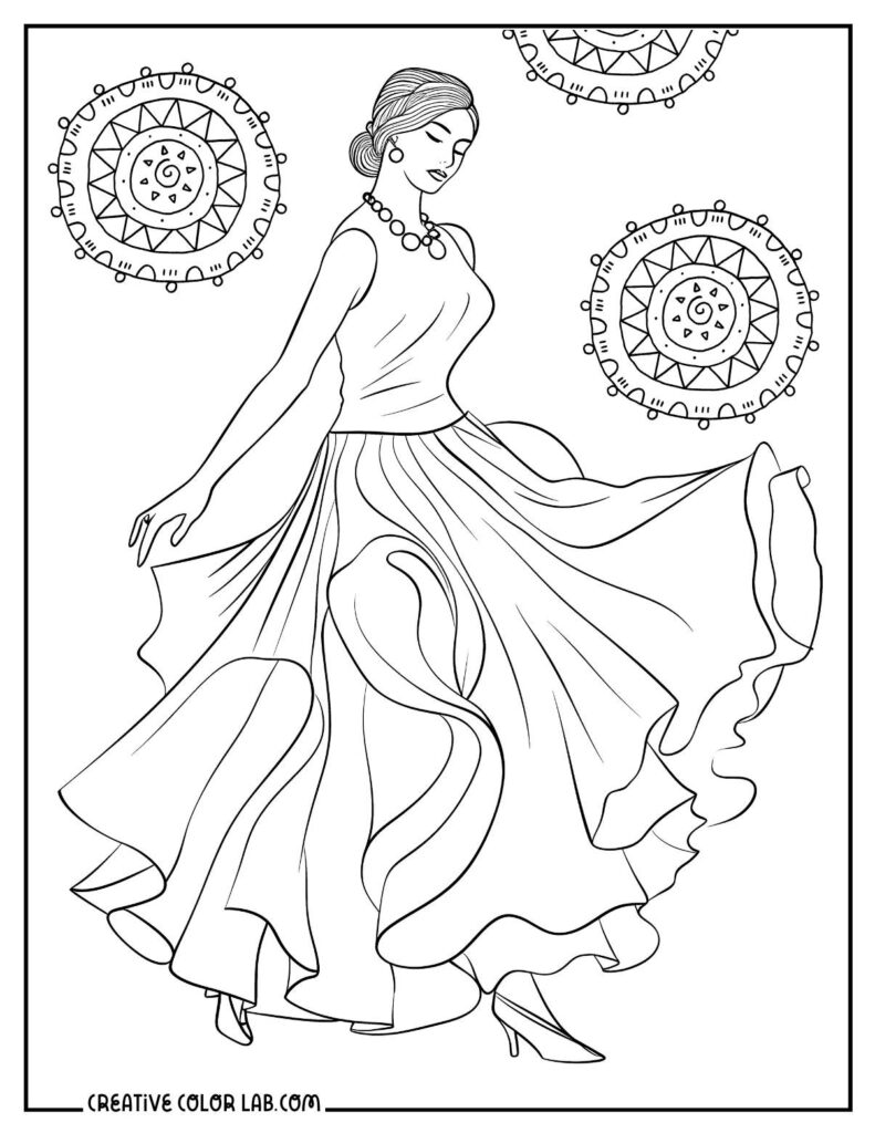 Black-and-white coloring page of dancing woman in dress