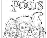 Black-and-white Hocus Pocus coloring page with three women