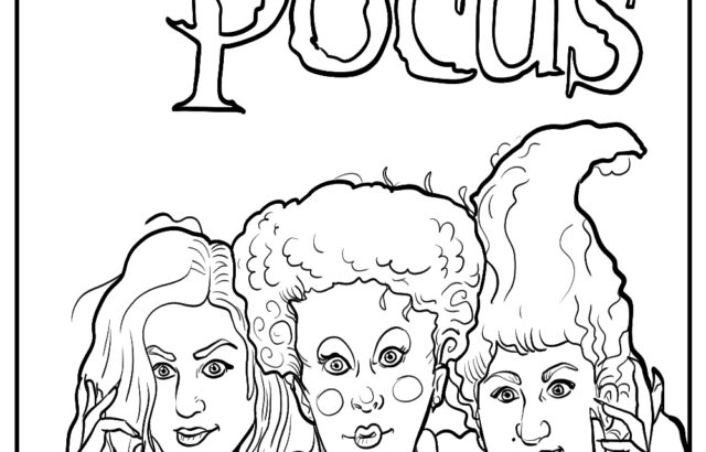 Black-and-white Hocus Pocus coloring page with three women