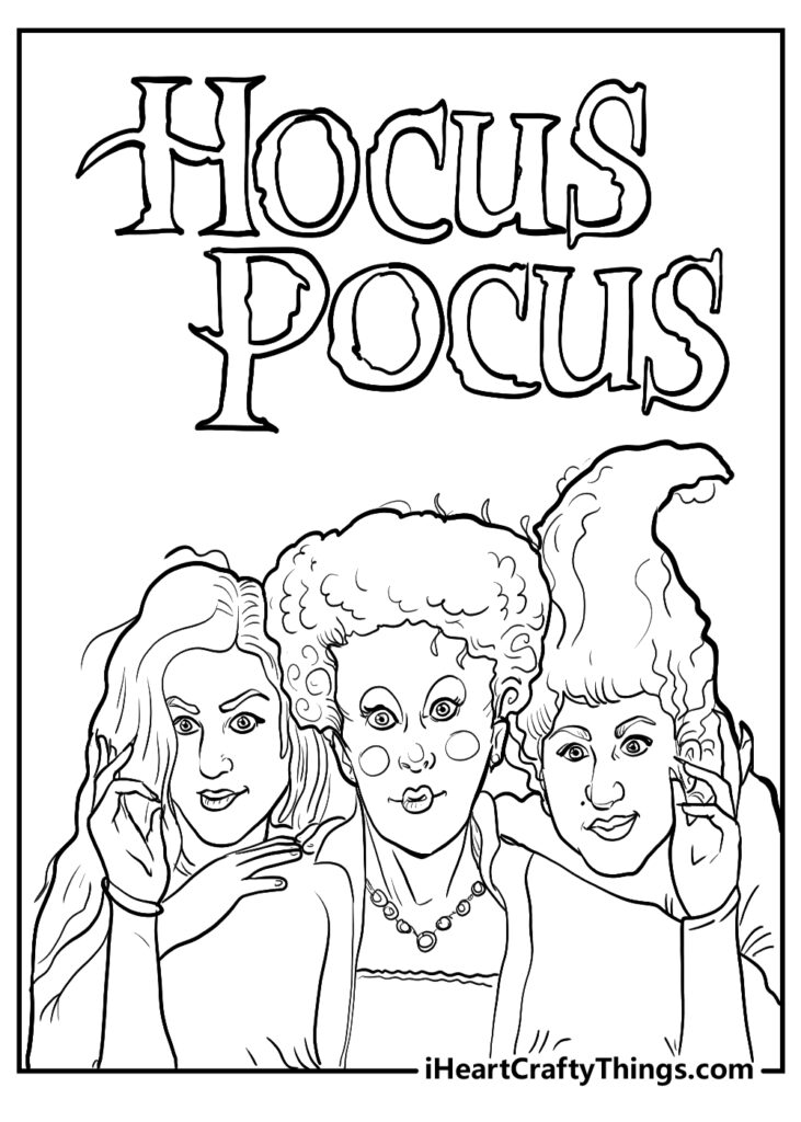 Black-and-white Hocus Pocus coloring page with three women