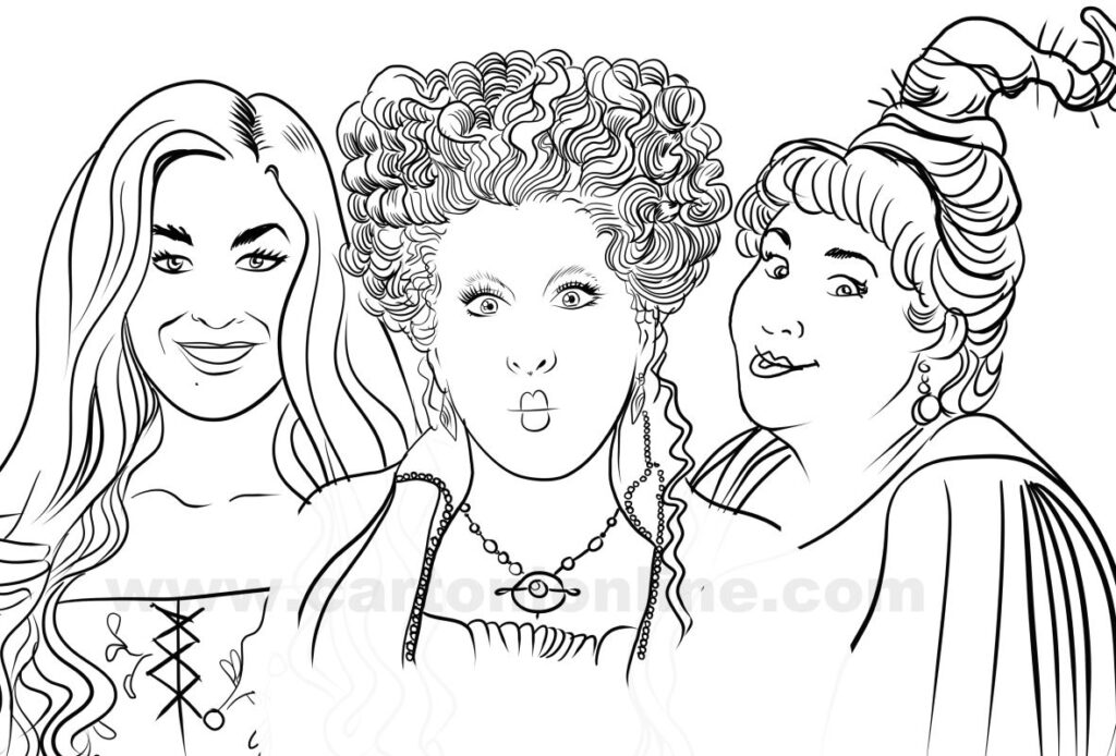 Line drawing of three women posing together