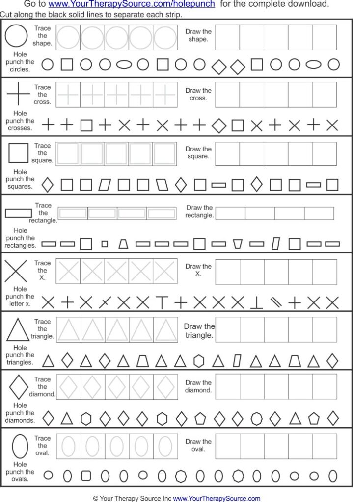 Shape tracing worksheet with hole-punch rows and blank boxes