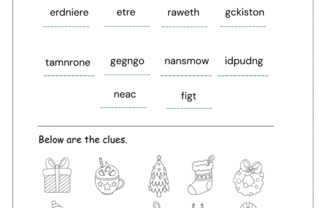 Christmas word scramble worksheet with holiday clue drawings