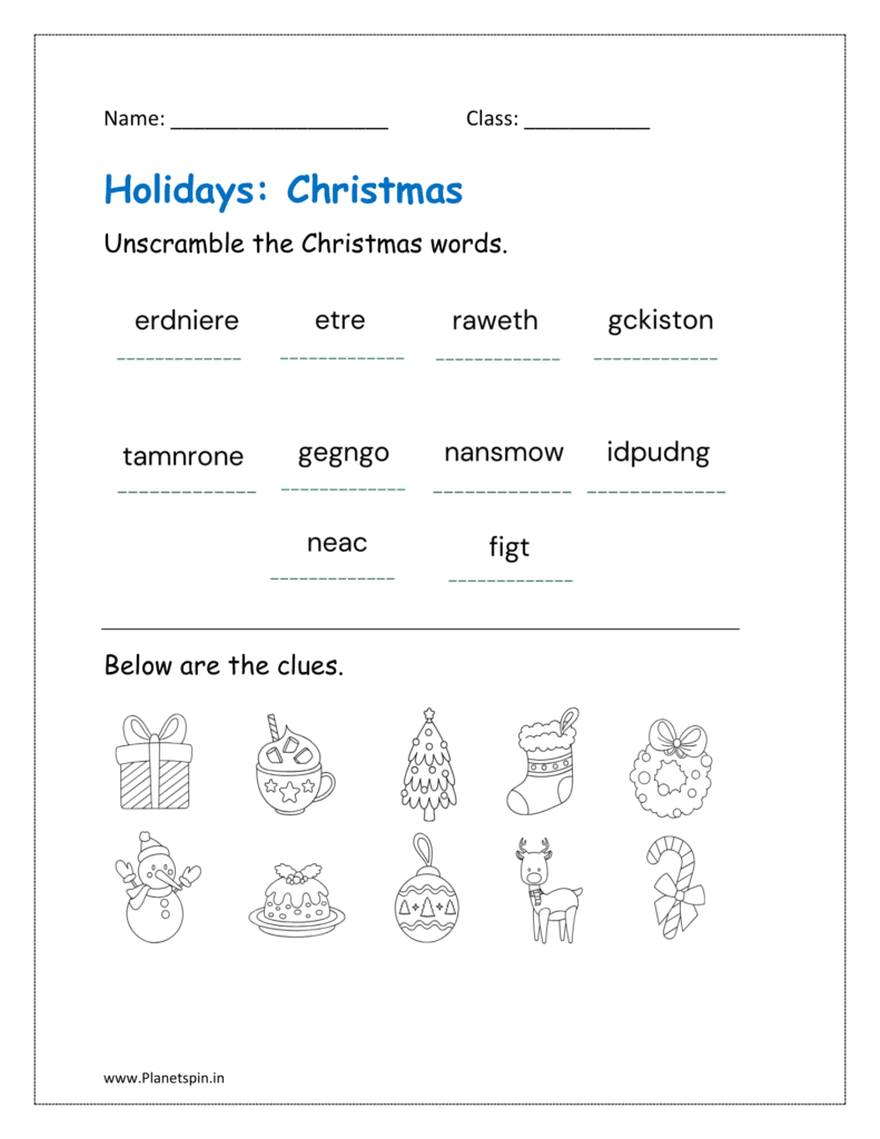 Christmas word scramble worksheet with holiday clue drawings