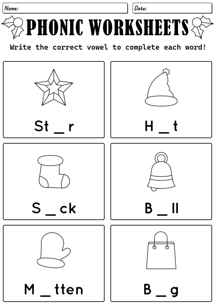 Christmas phonics worksheet with six picture-word puzzles