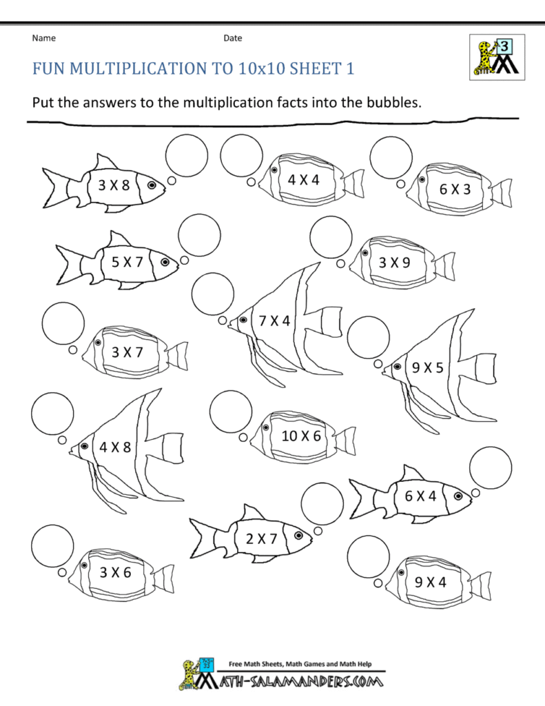 Multiplication worksheet with fish and blank answer bubbles