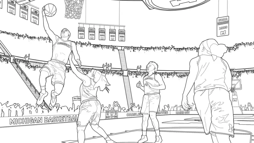 Michigan basketball players in a packed arena, line art