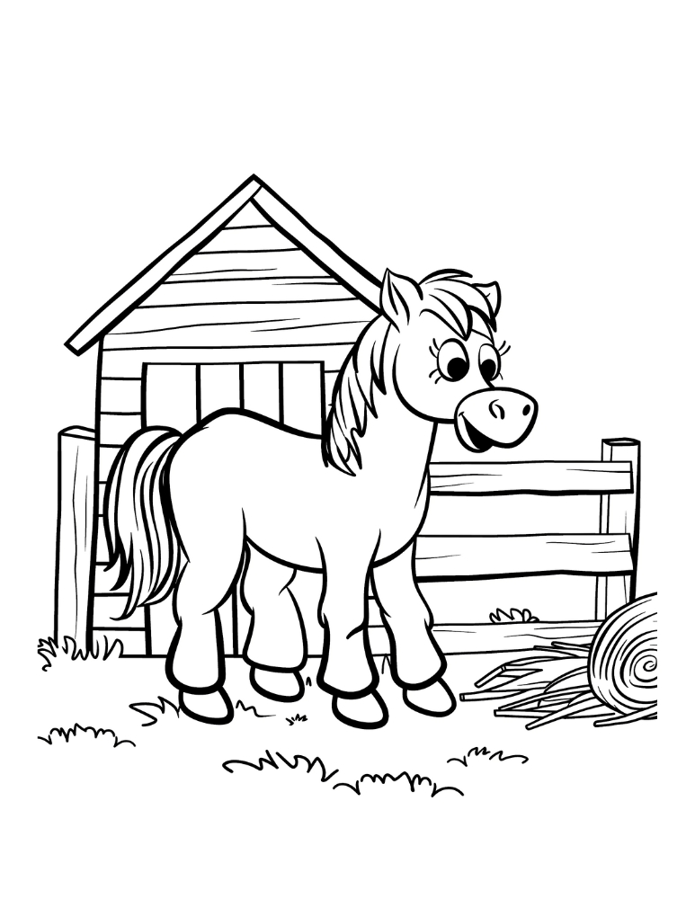 Cartoon pony standing before a barn and fence