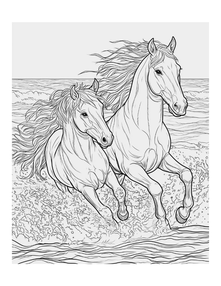 Two horses galloping through ocean surf