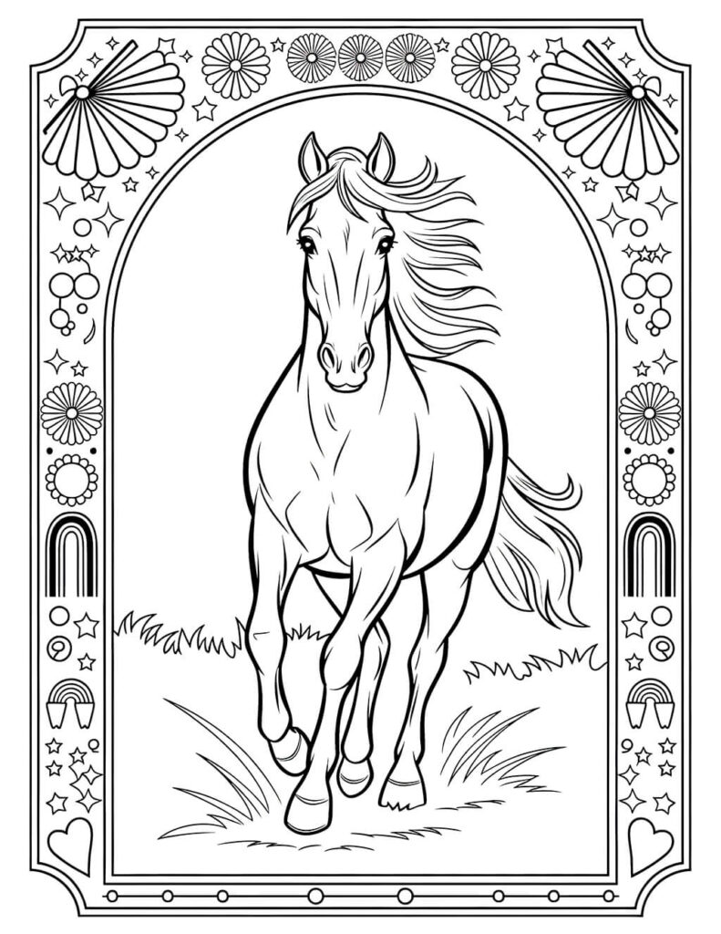 Black-and-white line drawing of a running horse framed by decorations