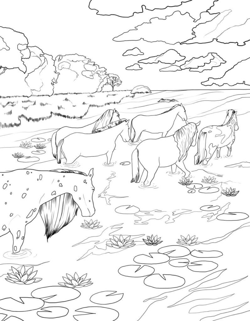 Five horses wading in a lily-covered pond