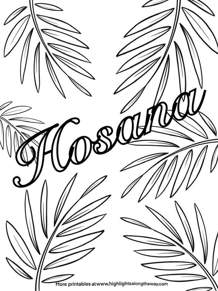 Black line art with “Hosanna” and palm leaves