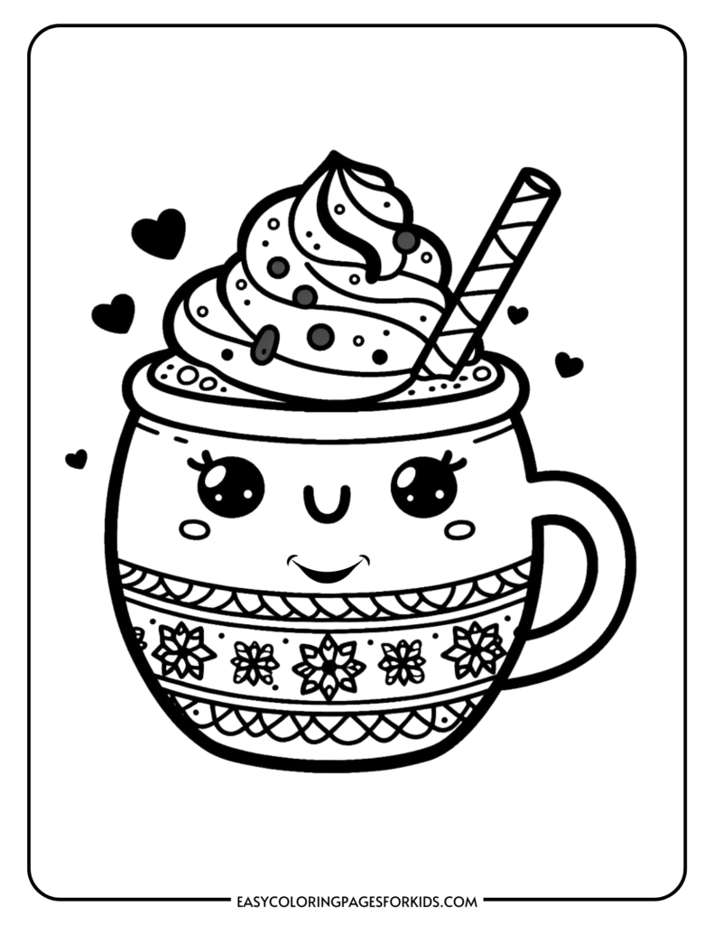 Cute mug with whipped cream, straw, and hearts