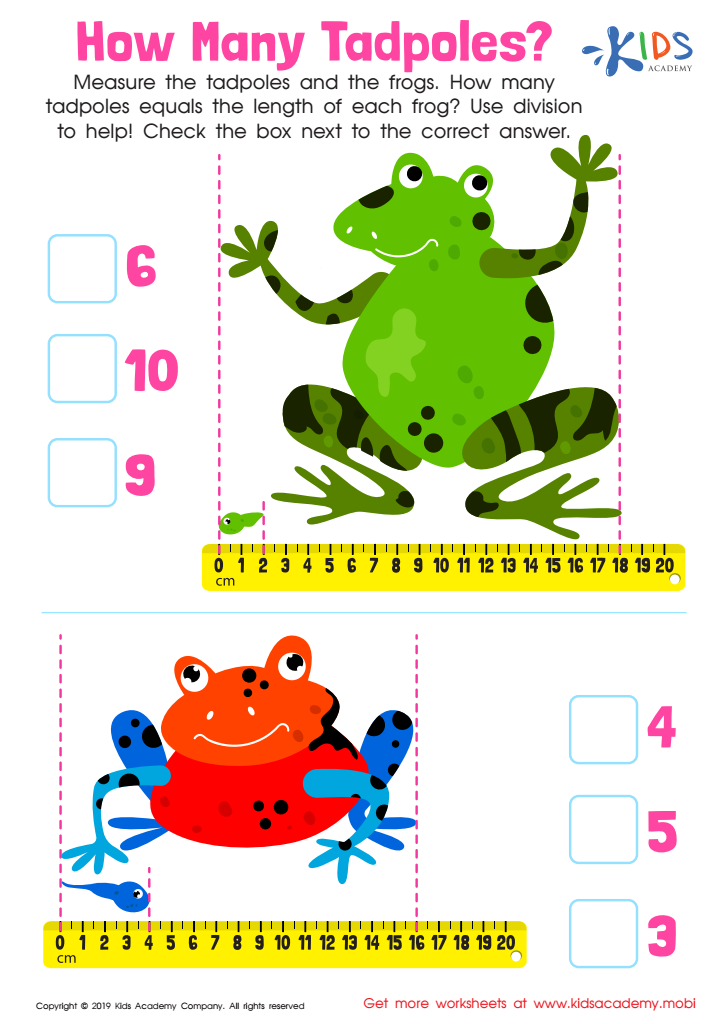 Colorful worksheet showing frogs and tadpoles with rulers and checkboxes