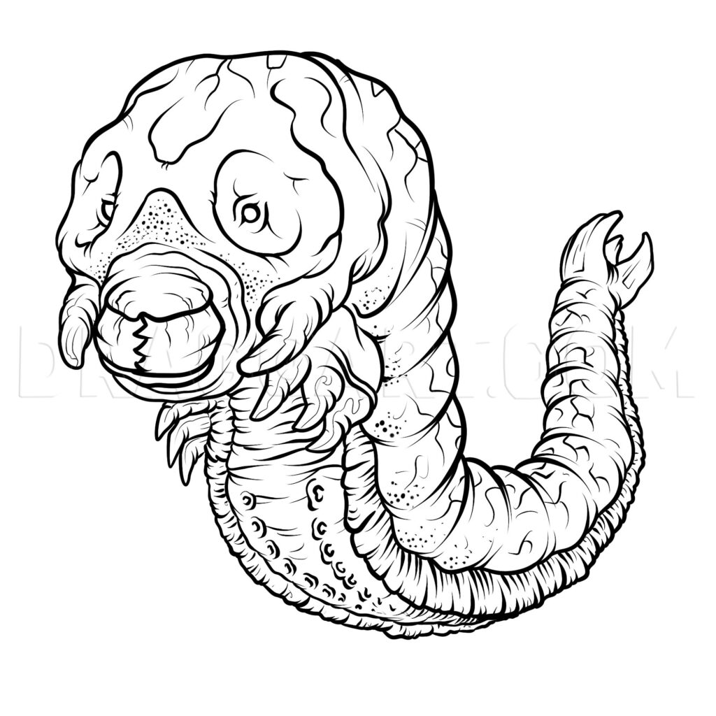 Black-and-white line drawing of a worm-like monster creature