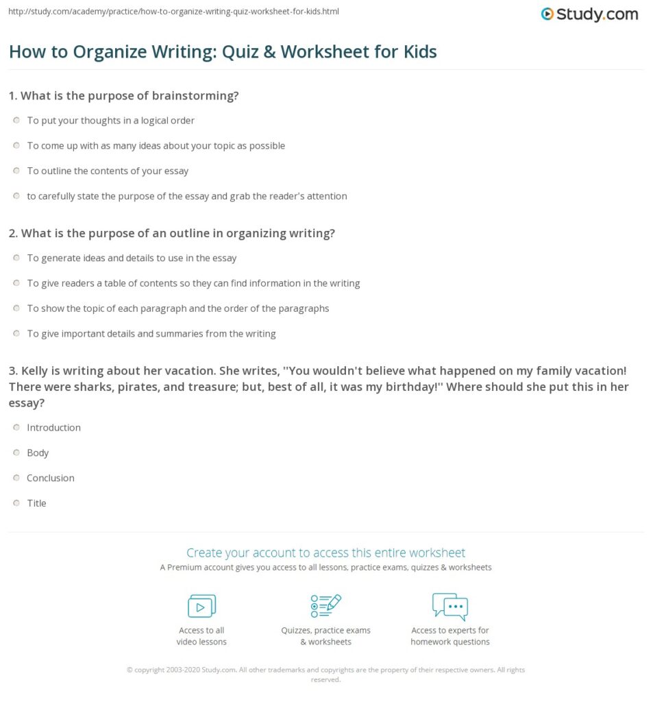 Study.com writing quiz worksheet page with multiple-choice questions