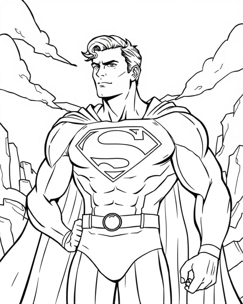 Black-and-white comic superhero standing among rocky cliffs