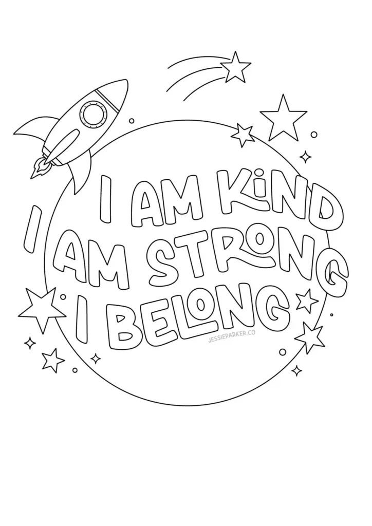Rocket and stars surrounding inspirational text saying I am strong