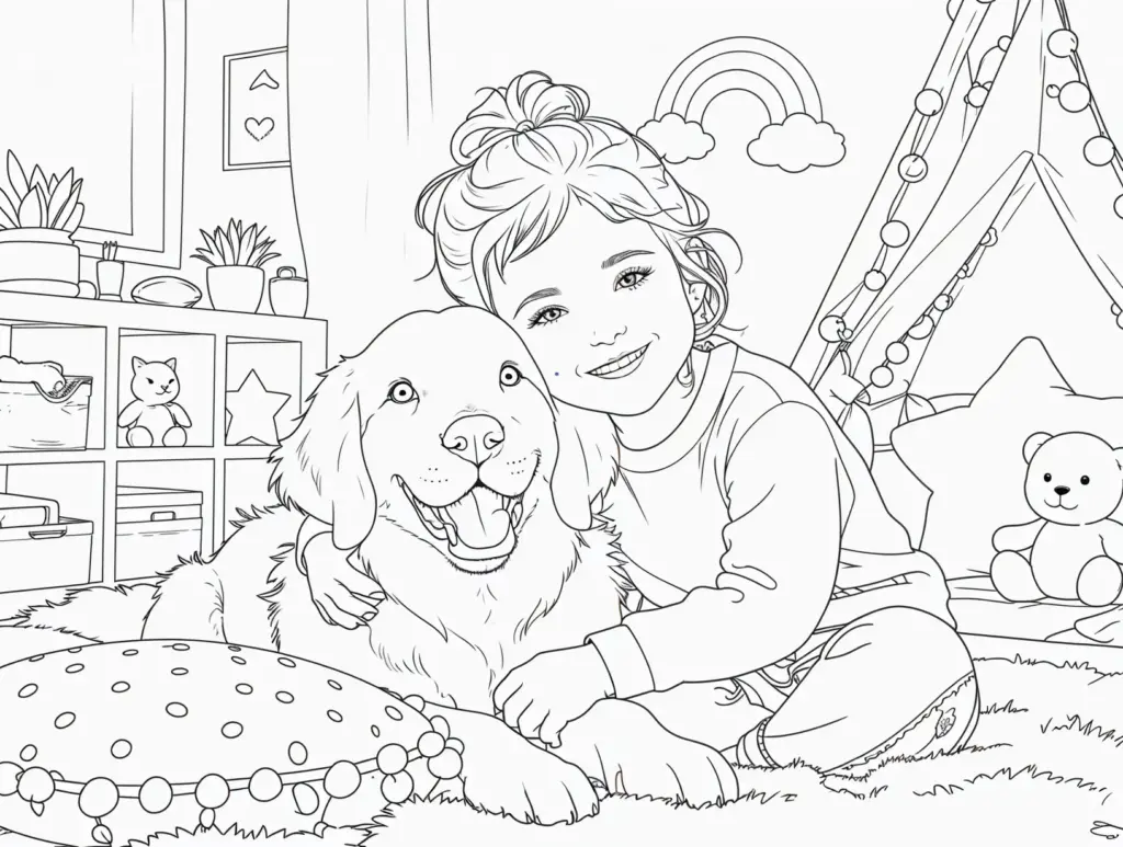Girl hugging dog in decorated bedroom coloring page