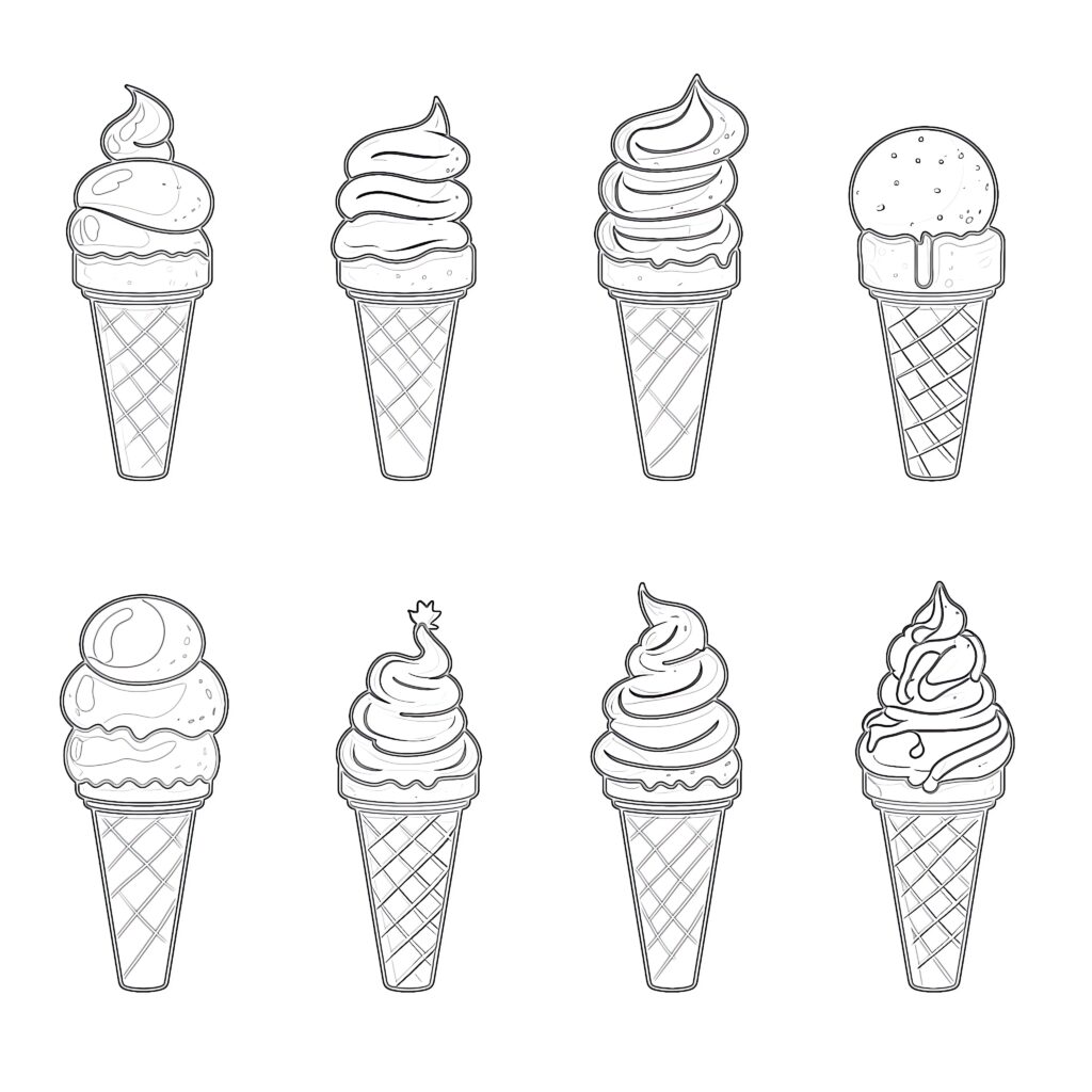 Eight black-and-white ice cream cone drawings on white background