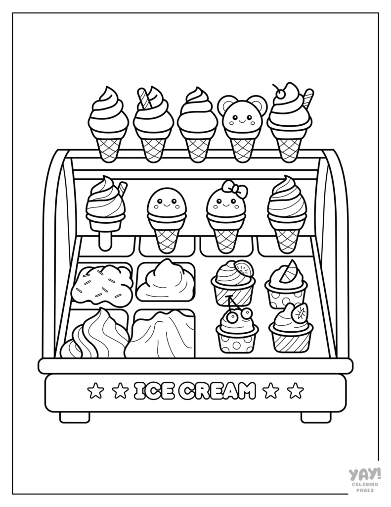 Black-and-white ice cream shop display coloring page