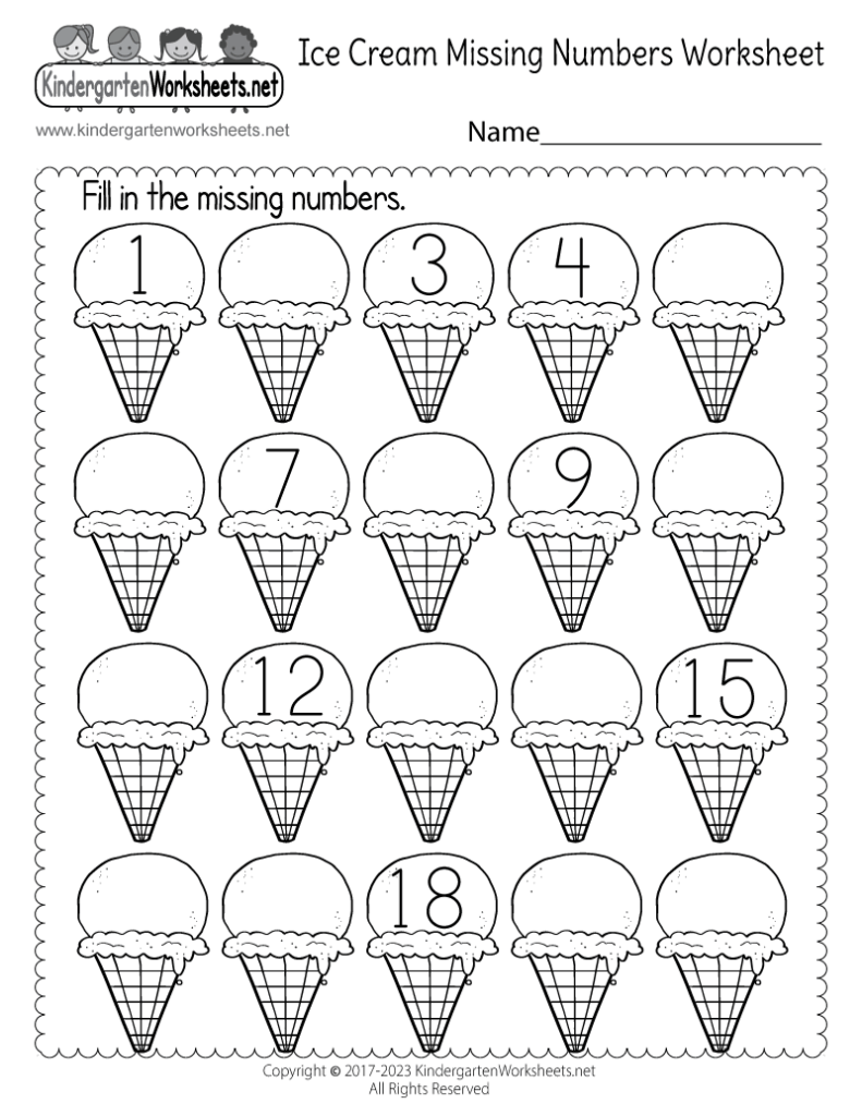 Ice cream missing numbers worksheet with cones numbered 1 to 18