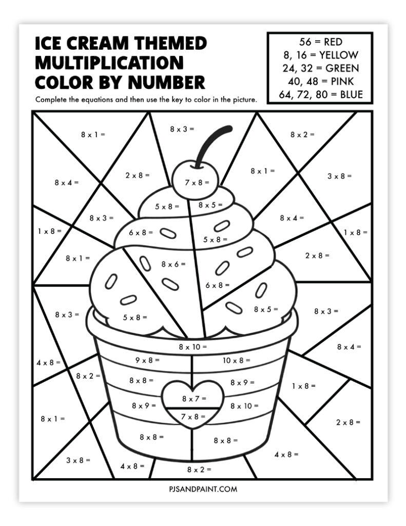 Ice cream-themed multiplication color-by-number worksheet էջ