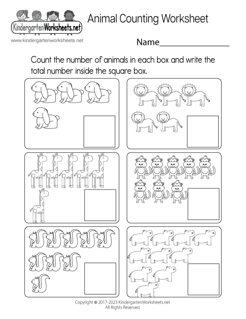 Animal counting worksheet with six animal boxes and blanks