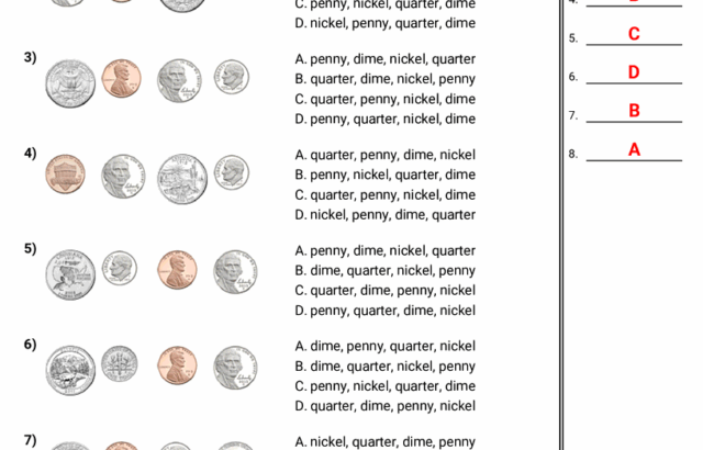 Coin identification worksheet answer key with eight rows of coins