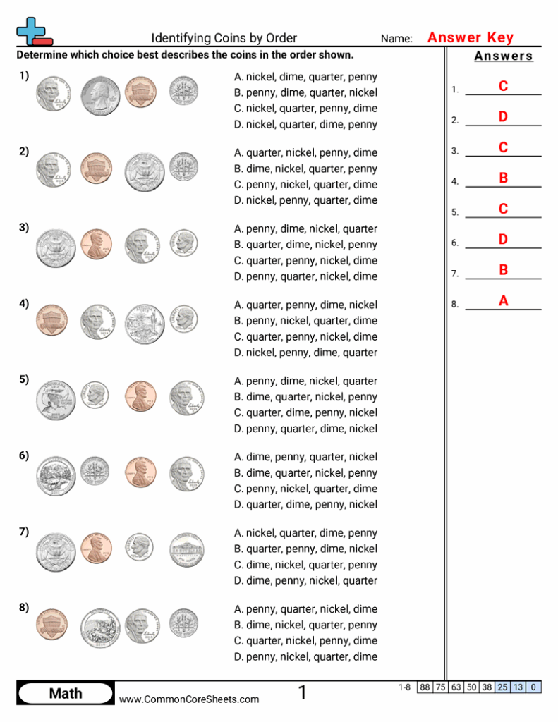 Coin identification worksheet answer key with eight rows of coins