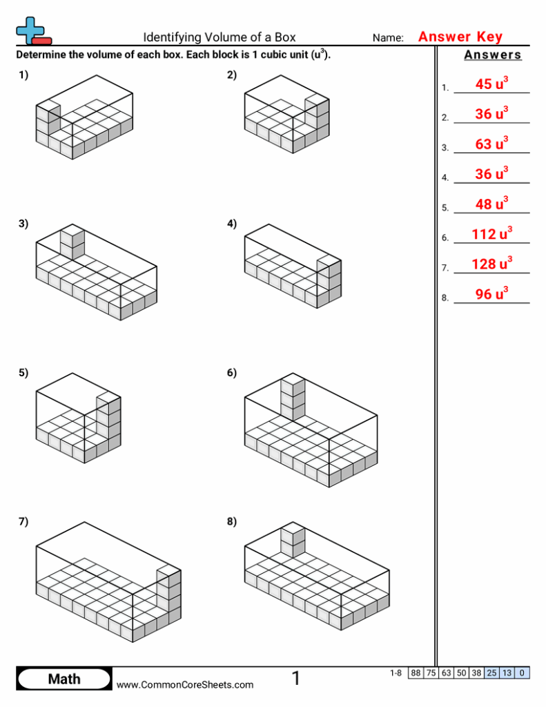 Math worksheet showing box volume drawings and answers