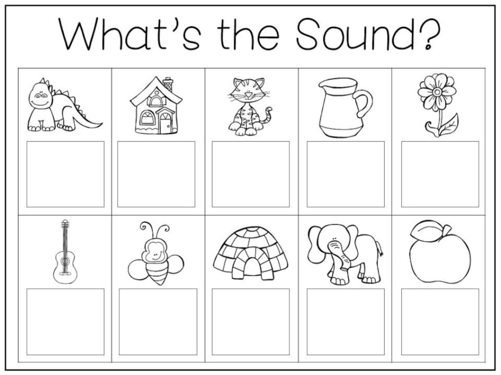 Black-and-white sound matching worksheet with pictures and blanks