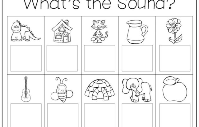 Black-and-white sound matching worksheet with pictures and blanks