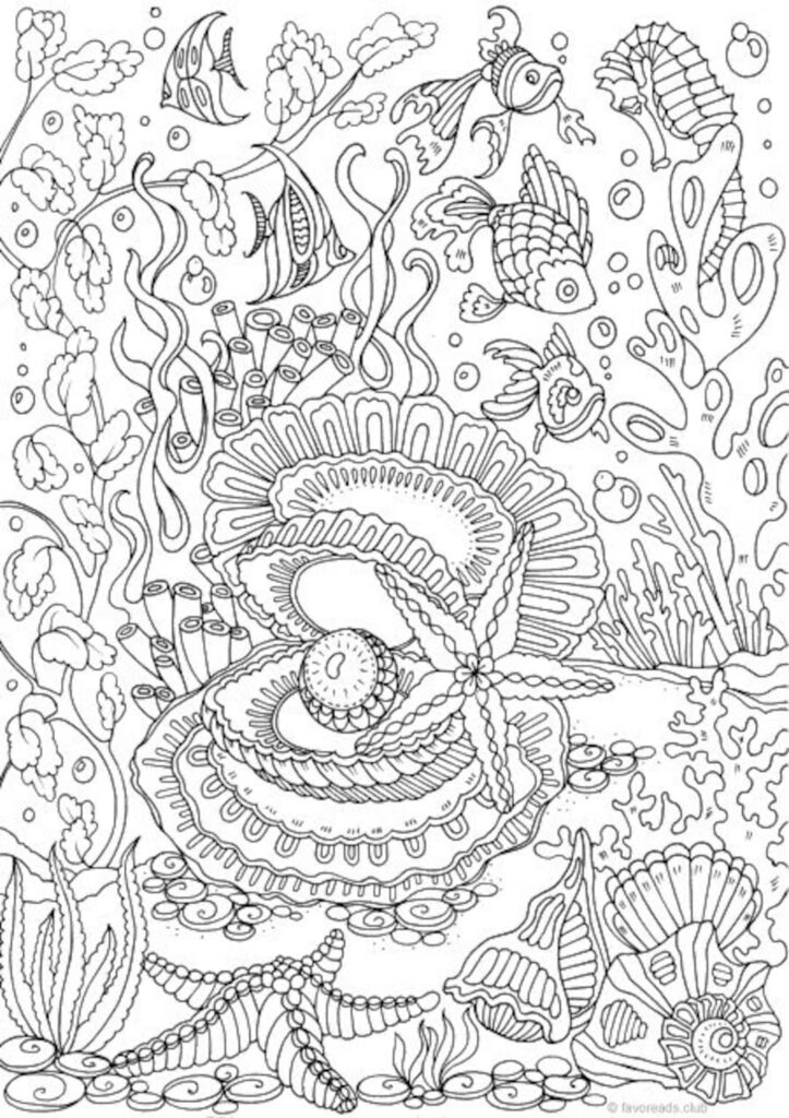 Black-and-white underwater coloring page with fish, coral, and seashells