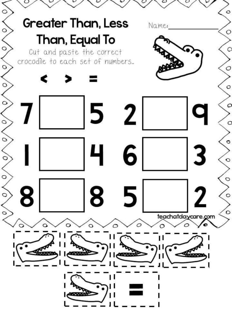 Greater than less than equal worksheet with crocodile icons