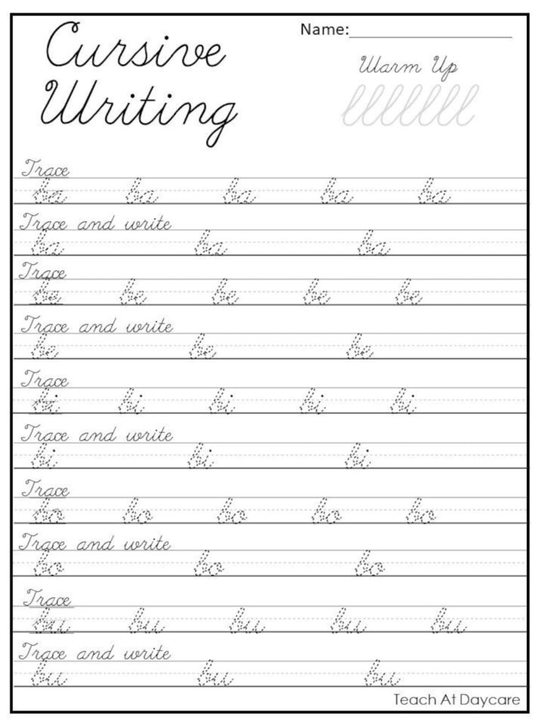 Cursive writing practice worksheet with tracing lines