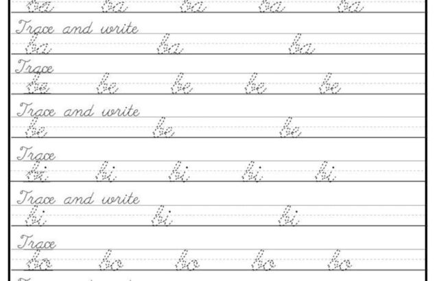 Cursive writing worksheet with tracing lines and samples