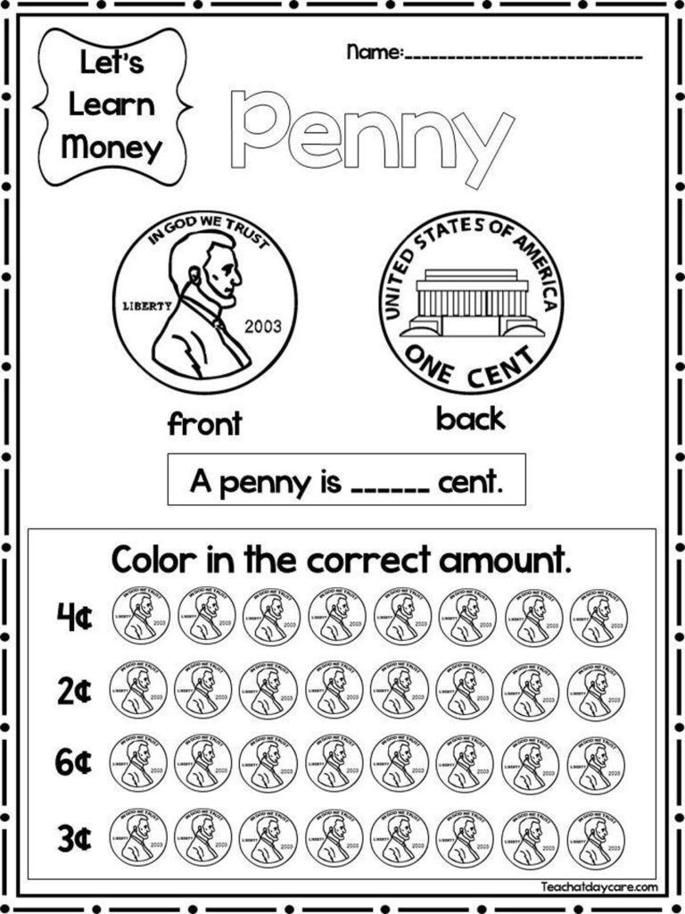 Printable penny learning worksheet with coin illustrations and labels