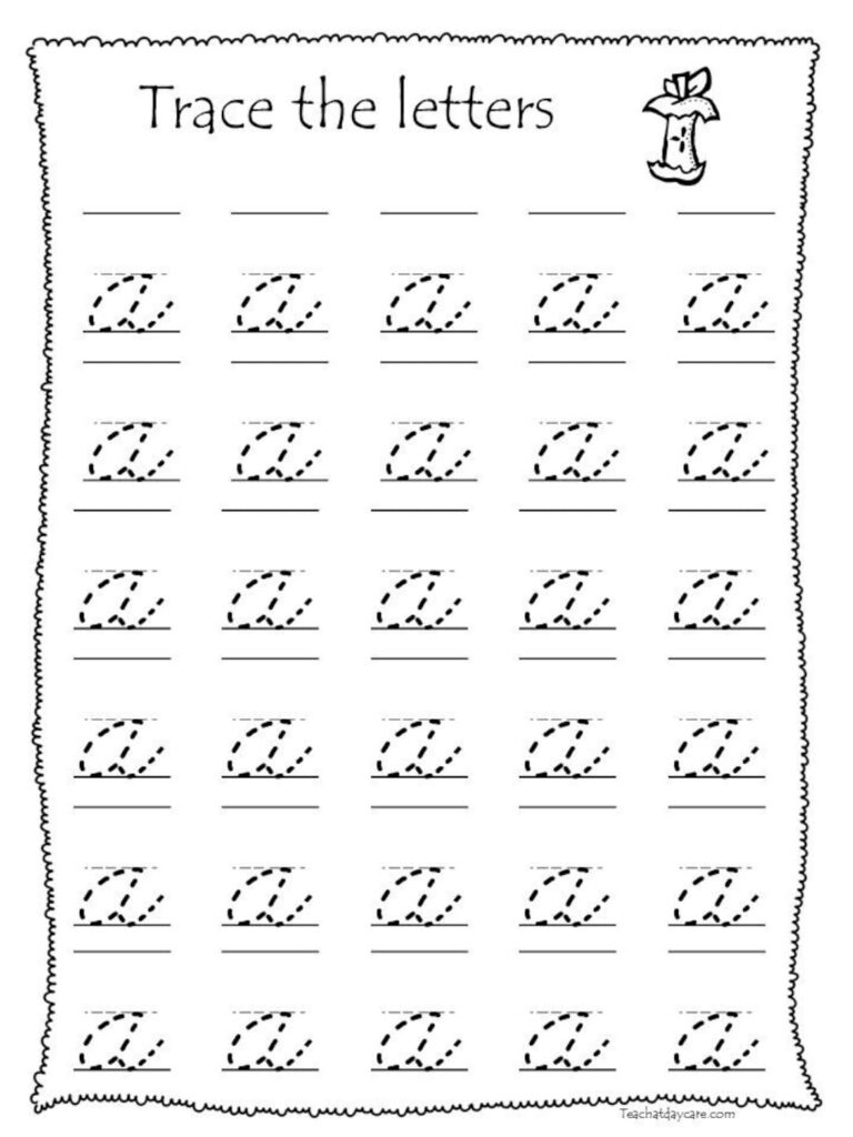 Cursive letter tracing worksheet with repeated lowercase a’s