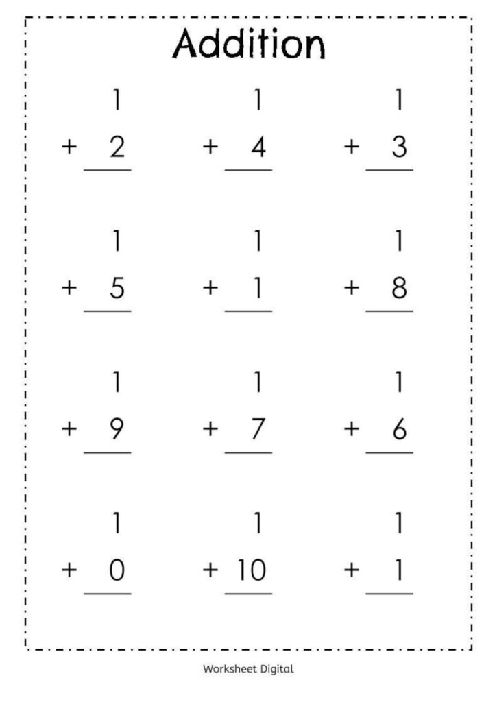 Addition worksheet with single-digit and double-digit sums