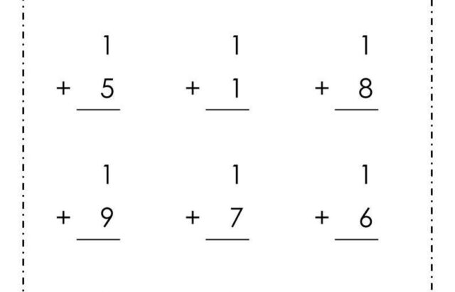 Addition worksheet with simple one-digit sums and 10
