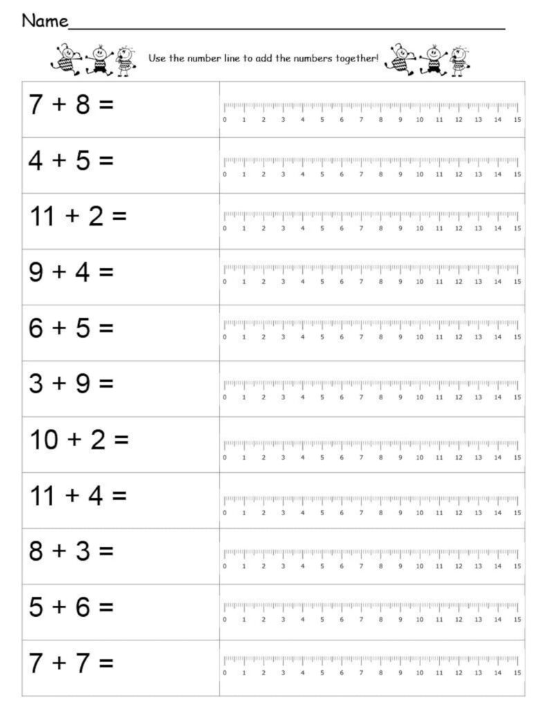 Math worksheet with addition problems and number lines