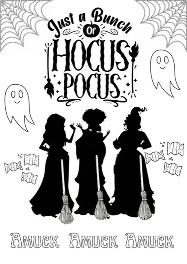 Halloween witches, ghosts, and candy with text