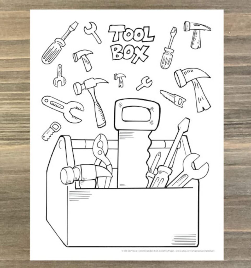 Toolbox coloring page with scattered tools and text