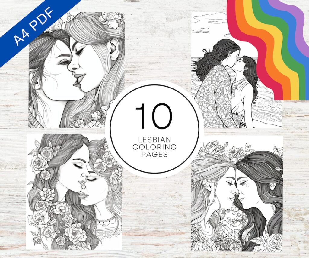 Collage of lesbian coloring page illustrations and text