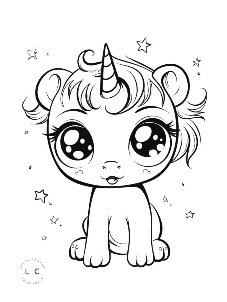 Cute unicorn kitten line drawing with stars, sitting front view