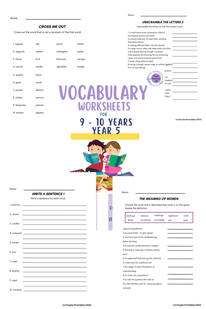 Vocabulary worksheets collage with title and cartoon children reading