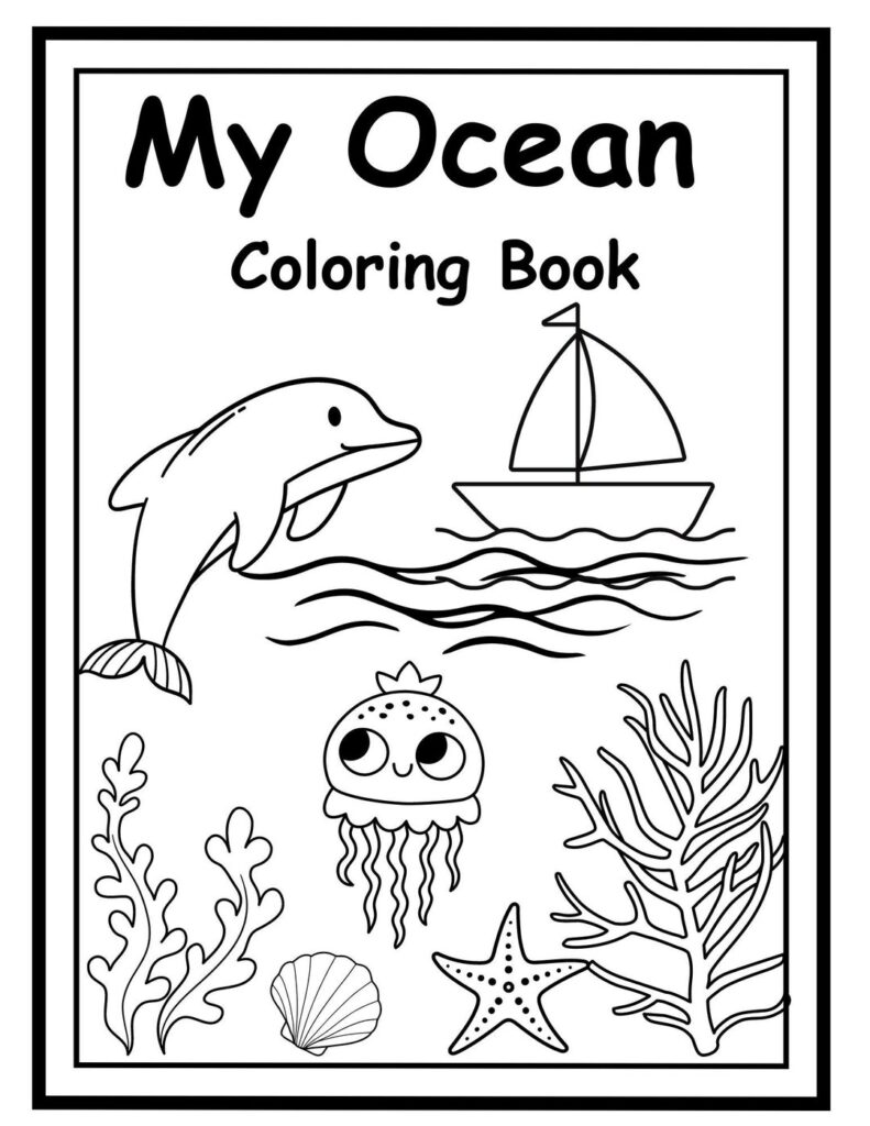 Ocean coloring book cover with dolphin, boat, jellyfish, starfish